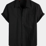 Men's Solid Colour Linen Cotton Pocket Casual Short Sleeve Shirt