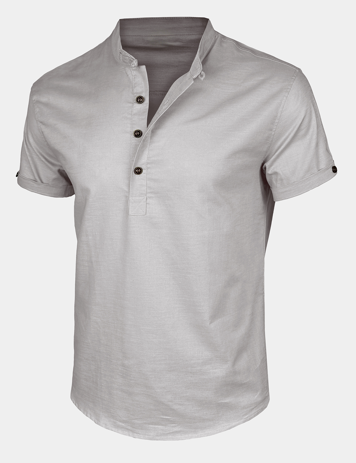 Men's Casual Cotton Linen Blend Stand Collar Short Sleeve Henley Shirt