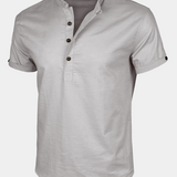 Men's Casual Cotton Linen Blend Stand Collar Short Sleeve Henley Shirt