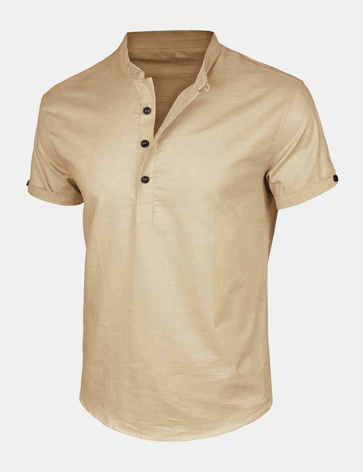 Men's Casual Cotton Linen Blend Stand Collar Short Sleeve Henley Shirt