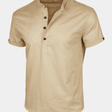 Men's Casual Cotton Linen Blend Stand Collar Short Sleeve Henley Shirt