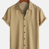 Men's Khaki Casual Solid Colour Rayon Summer Short Sleeve Shirt