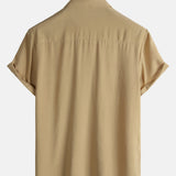 Men's Khaki Casual Solid Colour Rayon Summer Short Sleeve Shirt