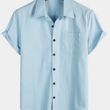 Men's Solid Colour Linen Cotton Pocket Casual Short Sleeve Shirt
