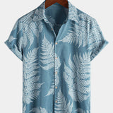 Men's Tropical Blue Button-Up Short Sleeve Summer Shirt