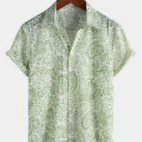 Men's Green Floral Short Sleeve Summer Button-Up Shirt