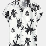 Men's Tropical Palm Tree Print Cotton White Hawaiian Short Sleeve Summer Beach Cruise Camp Shirt