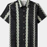 Men's Vintage Hawaiian Botanical Stripe Cotton Breathable Summer Holiday Short Sleeve Shirt