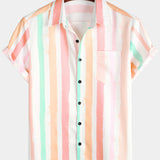 Men's Summer Pink And White Vertical Striped Pocket Button Up Rainbow Short Sleeve Shirt