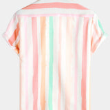 Men's Summer Pink And White Vertical Striped Pocket Button Up Rainbow Short Sleeve Shirt