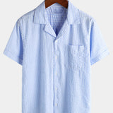 Men's Striped Cotton Blue Summer Button Up Cuban Collar Camp Short Sleeve Beach Shirt