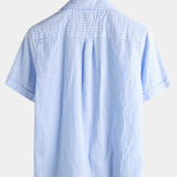 Men's Striped Cotton Blue Summer Button Up Cuban Collar Camp Short Sleeve Beach Shirt