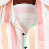 Men's Summer Pink And White Vertical Striped Pocket Button Up Rainbow Short Sleeve Shirt