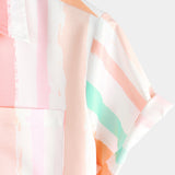 Men's Summer Pink And White Vertical Striped Pocket Button Up Rainbow Short Sleeve Shirt