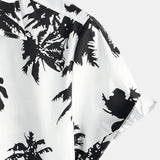 Men's Tropical Palm Tree Print Cotton White Hawaiian Short Sleeve Summer Beach Cruise Camp Shirt
