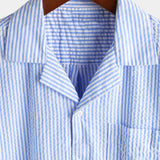 Men's Striped Cotton Blue Summer Button Up Cuban Collar Camp Short Sleeve Beach Shirt