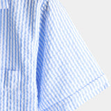 Men's Striped Cotton Blue Summer Button Up Cuban Collar Camp Short Sleeve Beach Shirt