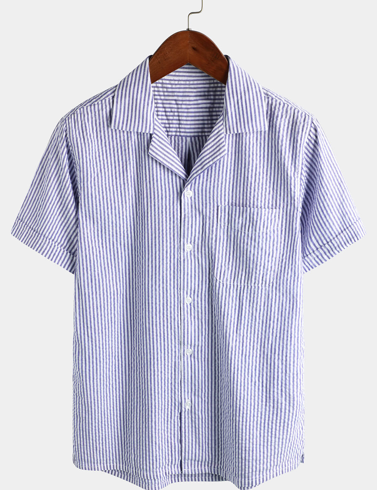 Men's Striped Cotton Blue Summer Button Up Cuban Collar Camp Short Sleeve Beach Shirt
