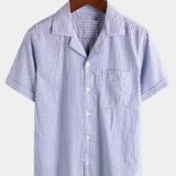 Men's Striped Cotton Blue Summer Button Up Cuban Collar Camp Short Sleeve Beach Shirt