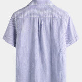 Men's Striped Cotton Blue Summer Button Up Cuban Collar Camp Short Sleeve Beach Shirt