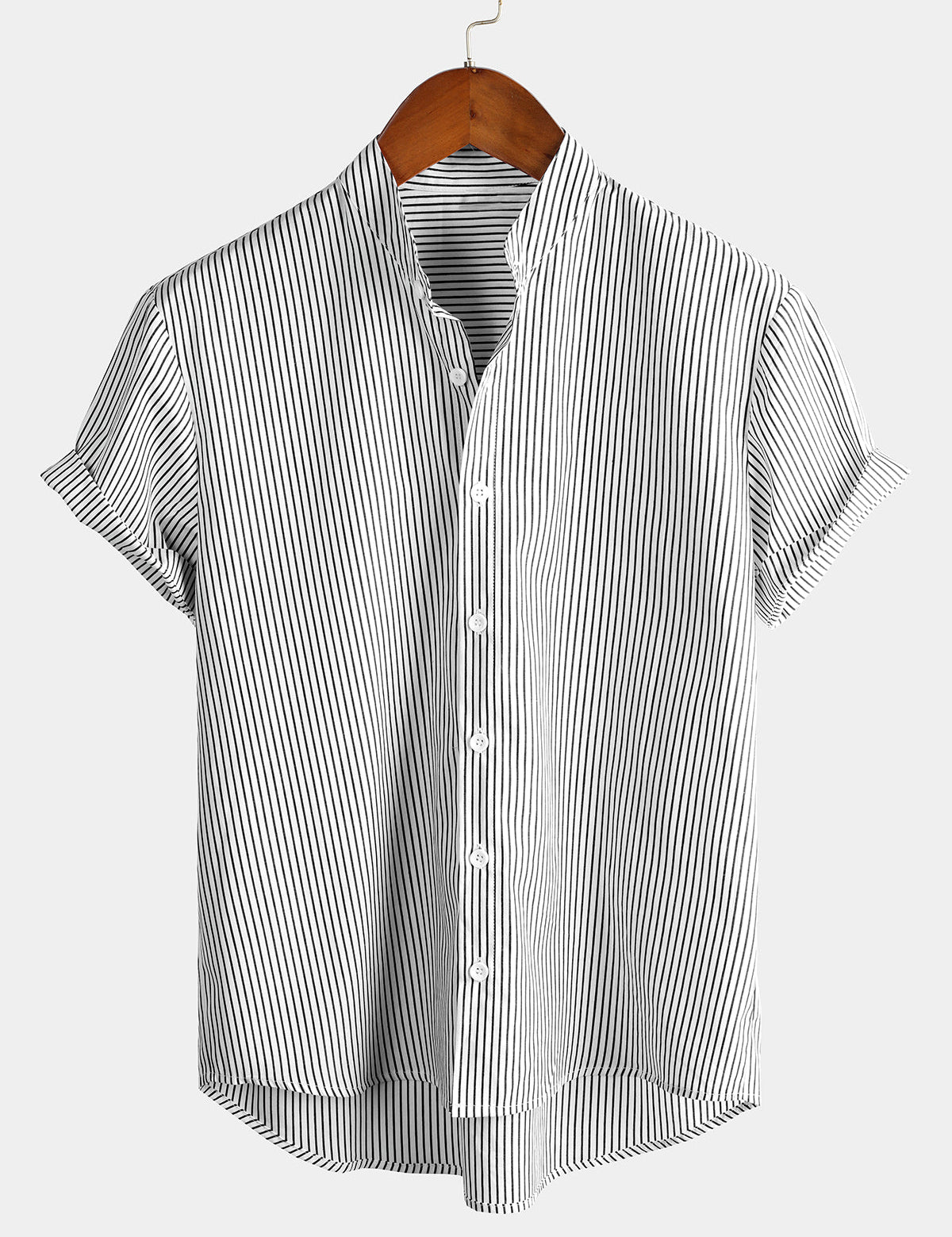 Men's Cotton Henley Breathable Stand Collar Solid Colour Short Sleeve Classic Vertical Striped Shirt