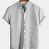 Men's Cotton Striped Stand Collar Short Sleeve Shirt