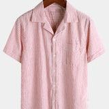 Men's Breathable Striped Cotton Button Up Summer Cuban Collar Camp Short Sleeve Beach Shirt