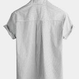 Men's Cotton Striped Stand Collar Short Sleeve Shirt