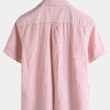 Men's Breathable Striped Cotton Button Up Summer Cuban Collar Camp Short Sleeve Beach Shirt