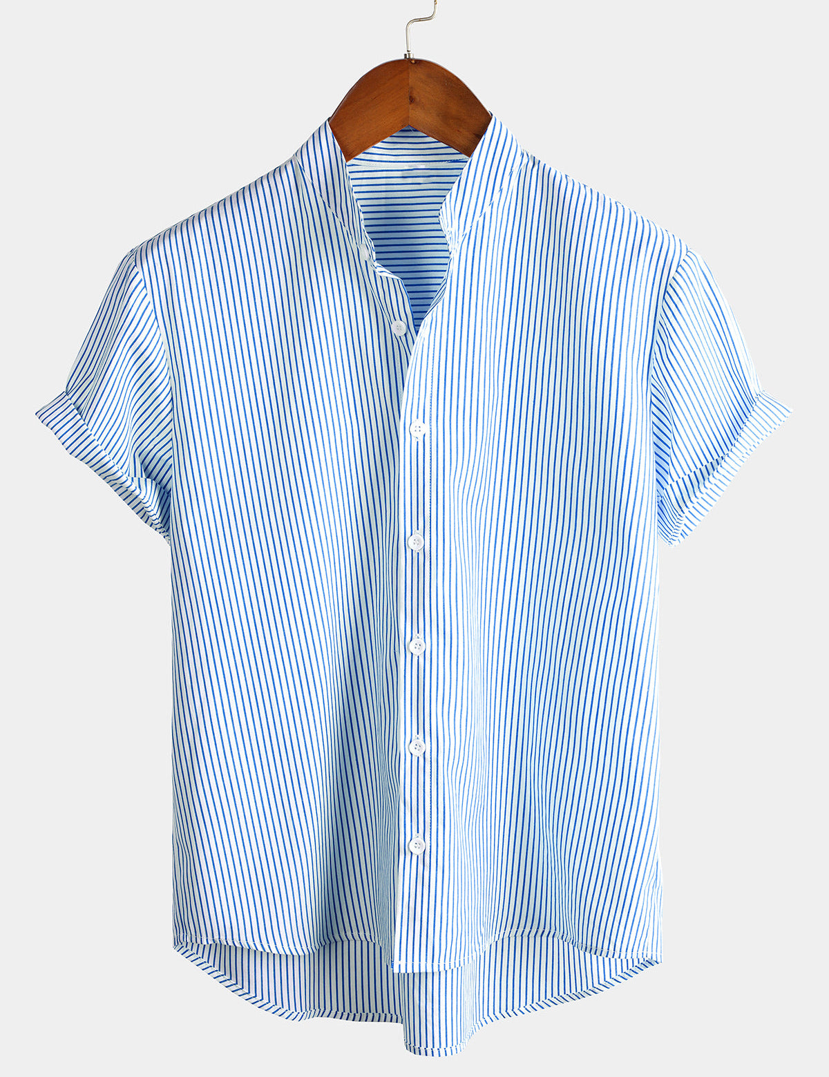 Men's Cotton Striped Stand Collar Short Sleeve Shirt