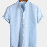 Men's Cotton Striped Stand Collar Short Sleeve Shirt