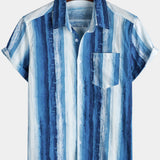 Men's Blue Striped Art Breathable Pocket Short Sleeve Shirt