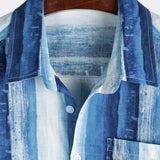 Men's Blue Striped Art Breathable Pocket Short Sleeve Shirt