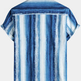 Men's Blue Striped Art Breathable Pocket Short Sleeve Shirt
