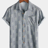 Men's Vintage Vertical Striped Short Sleeve 70s Aztec Print Grey Shirt