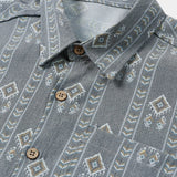 Men's Vintage Vertical Striped Short Sleeve 70s Aztec Print Grey Shirt
