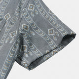 Men's Vintage Vertical Striped Short Sleeve 70s Aztec Print Grey Shirt