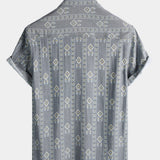 Men's Vintage Vertical Striped Short Sleeve 70s Aztec Print Grey Shirt