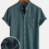 Men's Casual Solid Henley Collar Summer Short Sleeve Shirt