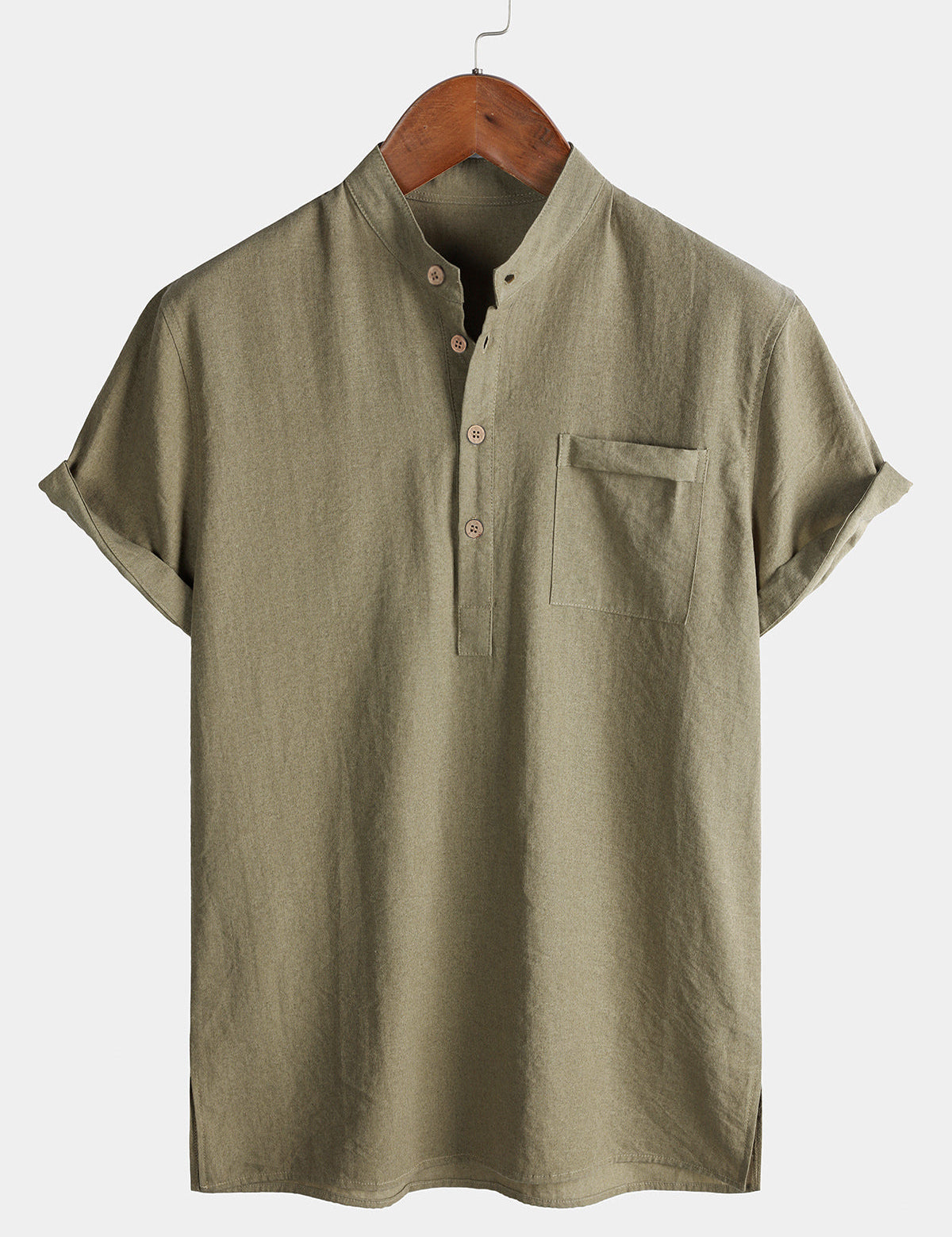 Men's Casual Solid Stand Collar Half Placket Short Sleeve Shirt