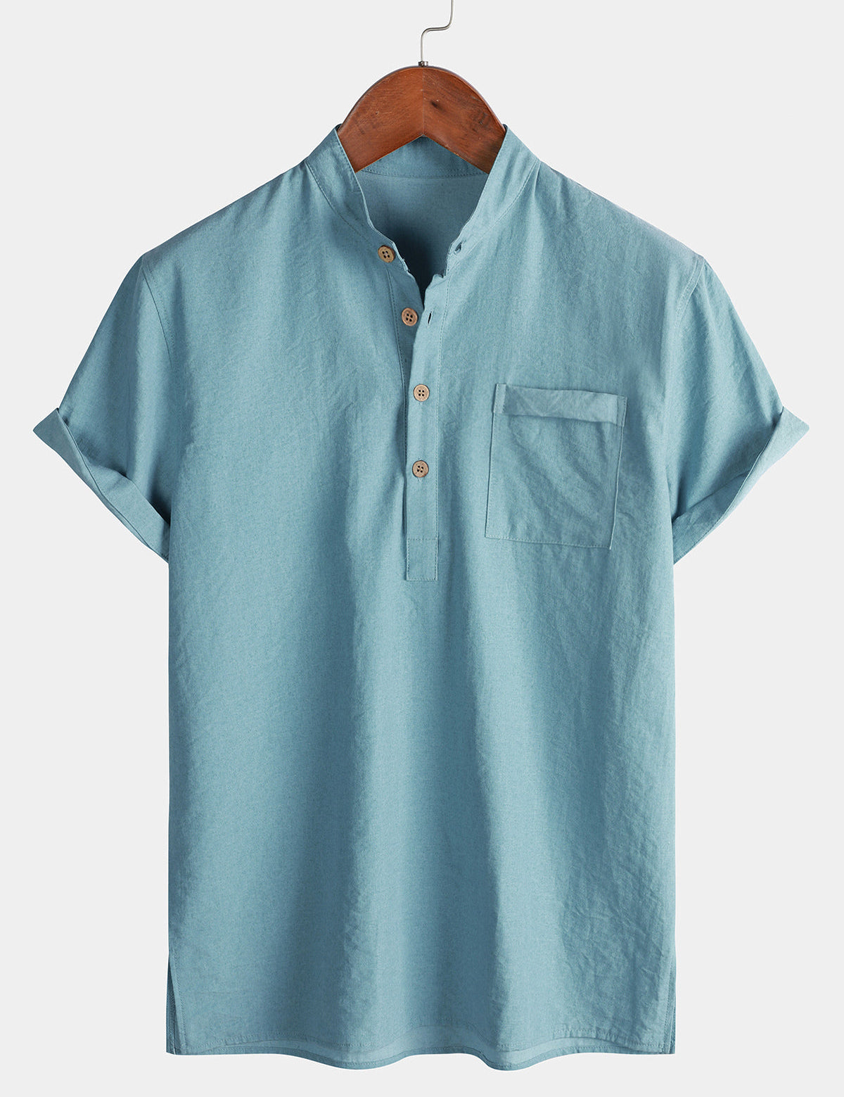 Men's Casual Solid Stand Collar Half Placket Short Sleeve Shirt