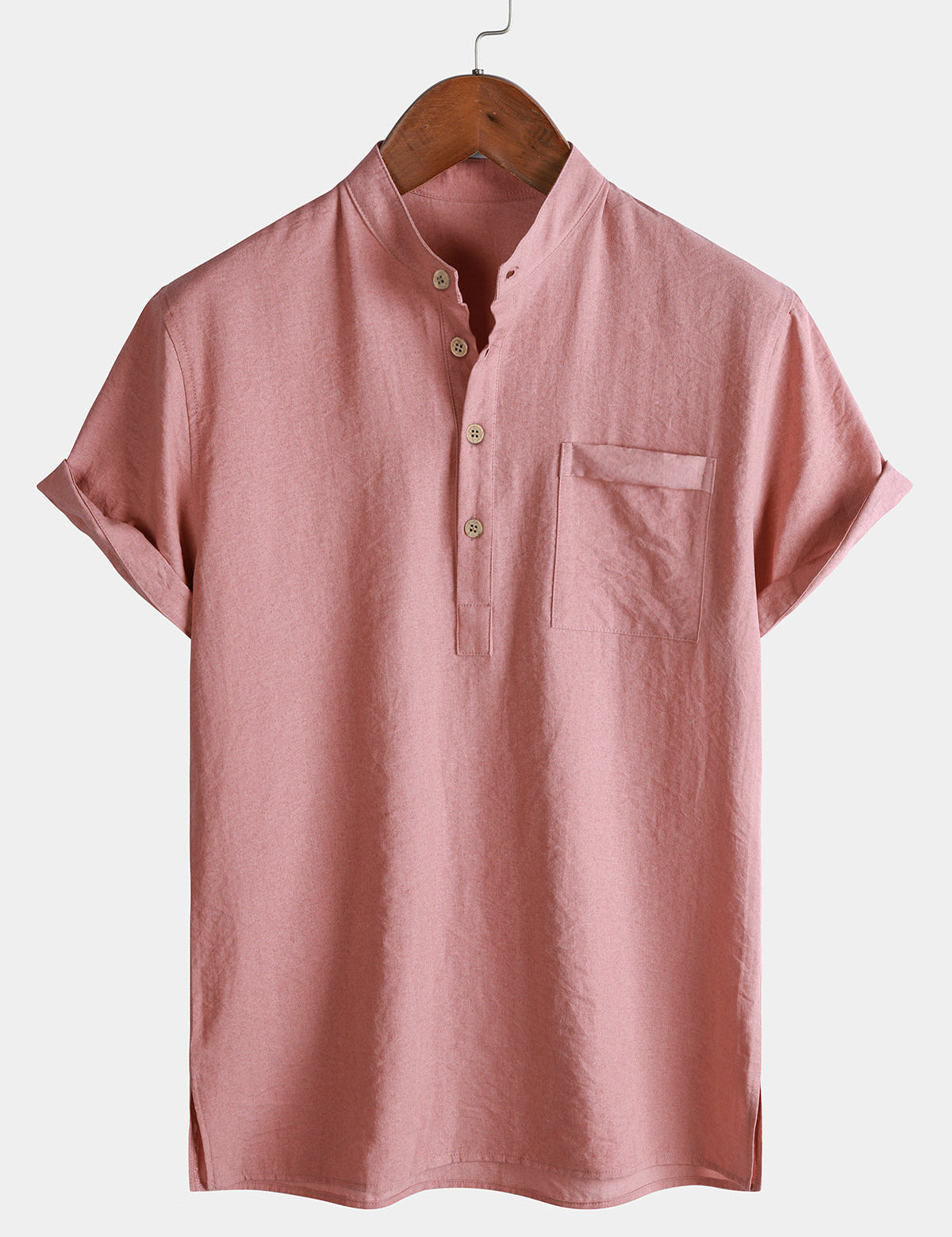 Men's Casual Solid Stand Collar Half Placket Short Sleeve Shirt