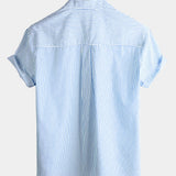 Men's Cotton Henley Breathable Stand Collar Solid Colour Short Sleeve Classic Vertical Striped Shirt