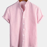 Men's Cotton Henley Breathable Stand Collar Solid Colour Short Sleeve Classic Vertical Striped Shirt