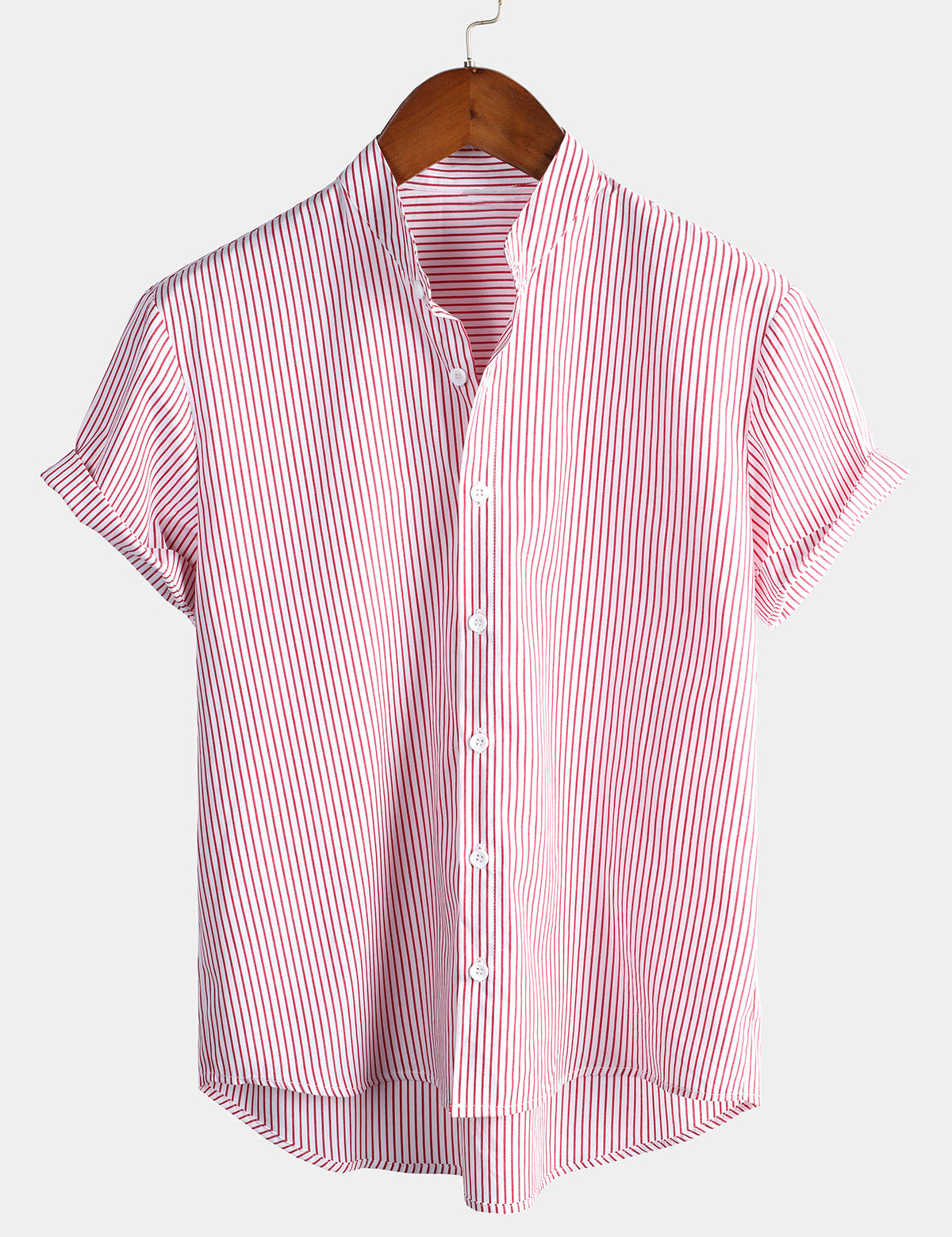 Men's Cotton Striped Stand Collar Short Sleeve Shirt