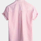 Men's Cotton Striped Stand Collar Short Sleeve Shirt