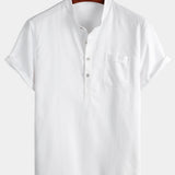 Men's Solid Colour Stand Collar Half Button Pocket Front Shirt