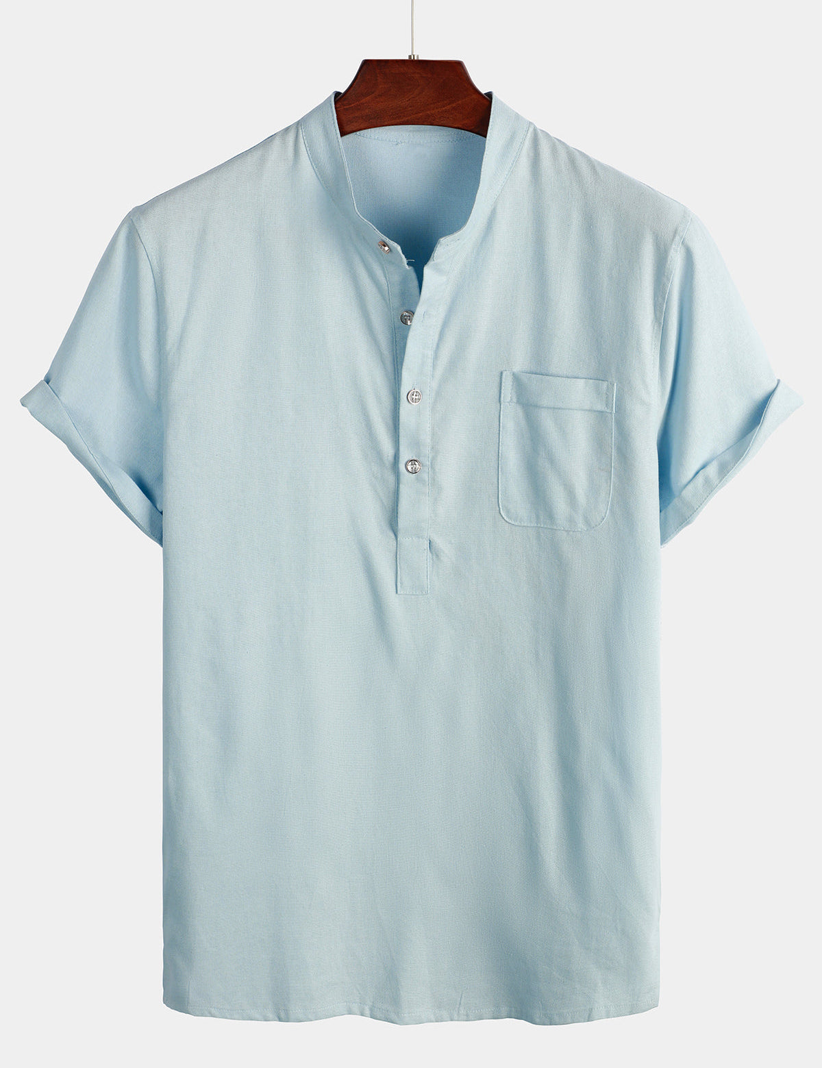 Men's Solid Colour Stand Collar Half Button Pocket Front Shirt