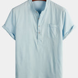 Men's Solid Colour Stand Collar Half Button Pocket Front Shirt