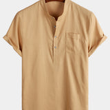 Men's Solid Colour Stand Collar Half Button Pocket Front Shirt